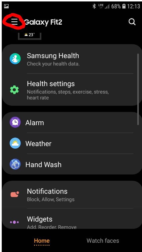 Galaxy Wearable menu