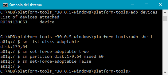 commands to set SD Card as internal memory